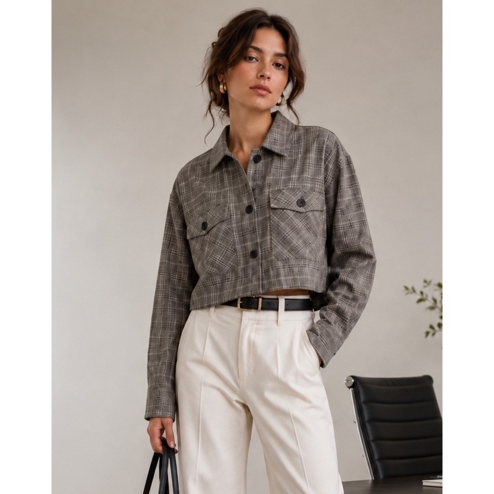 Zara Brown Taupe Plaid Cropped Blazer Jacket Raw Edge Medium